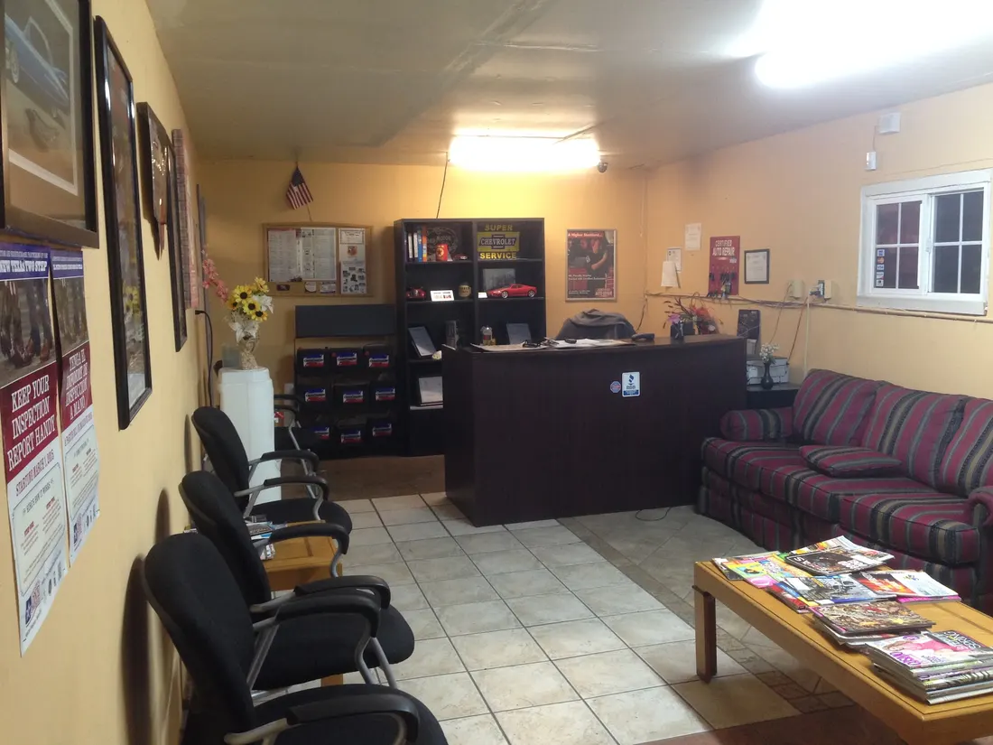 Inside the Auto 7 Tech front office, where customers check in for inspections and repairs